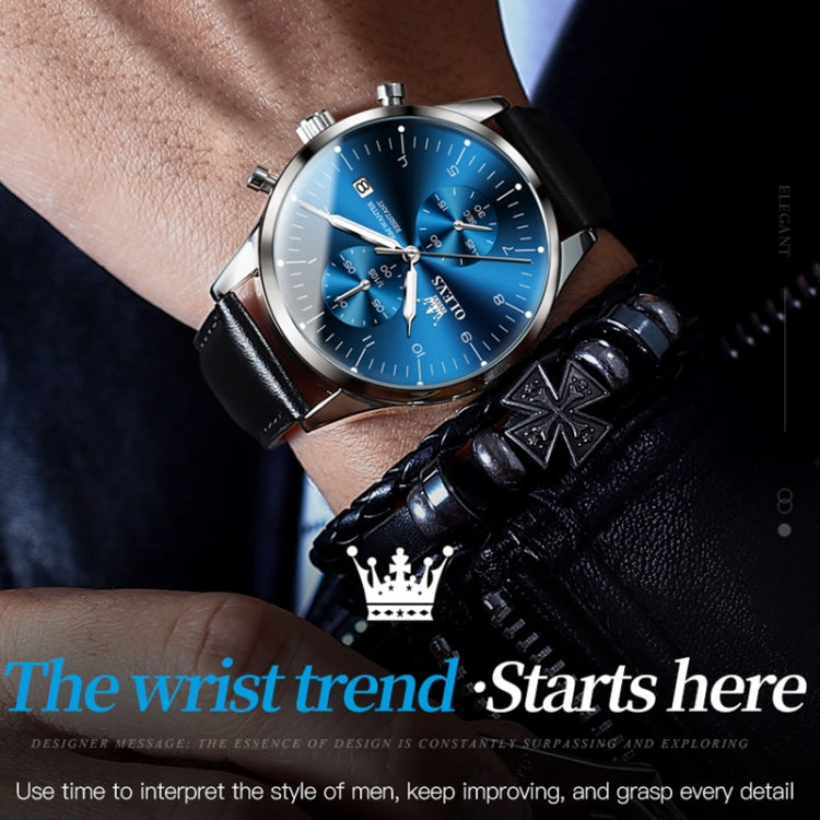 OLEVS 2880 Men Multifunctional Business Waterproof Leather Strap Quartz Watch(Blue) - Leather Strap Watches by OLEVS | Online Shopping South Africa | PMC Jewellery