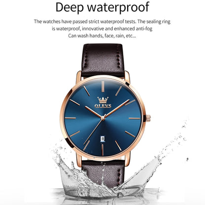 OLEVS 5869 Men Business Waterproof Genuine Leather Strap Quartz Watch(Blue + Rose Gold) - Leather Strap Watches by OLEVS | Online Shopping South Africa | PMC Jewellery