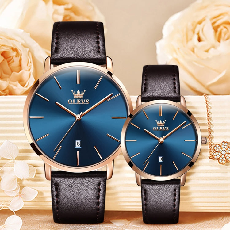 OLEVS 5869 1 Pair Couple Waterproof Genuine Leather Strap Quartz Watch(Blue + Rose Gold) - Couple Watches by PMC Jewellery | Online Shopping South Africa | PMC Jewellery