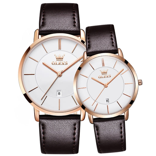 OLEVS 5869 1 Pair Couple Waterproof Genuine Leather Strap Quartz Watch(White + Rose Gold) - Couple Watches by PMC Jewellery | Online Shopping South Africa | PMC Jewellery