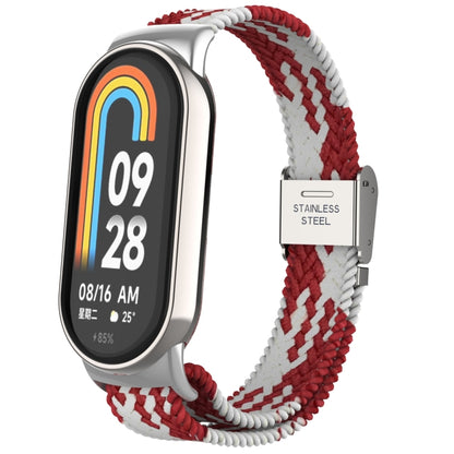 For Xiaomi Mi Band 8 Metal Head + Adjustable Nylon Braided Steel Buckle Watch Band(Red White) - Watch Bands by PMC Jewellery | Online Shopping South Africa | PMC Jewellery