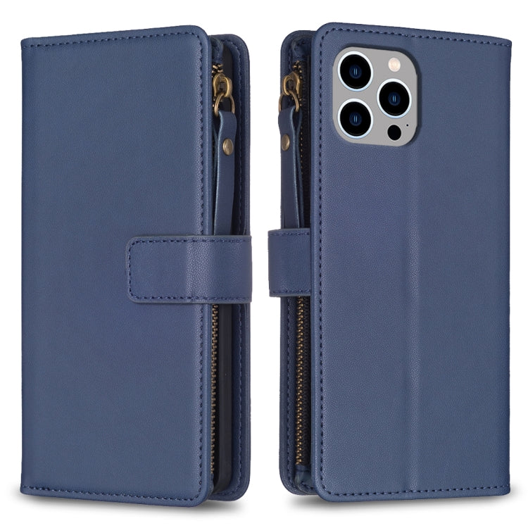 For iPhone 14 Pro Max 9 Card Slots Zipper Wallet Leather Flip Phone Case(Blue) - iPhone 14 Pro Max Cases by PMC Jewellery | Online Shopping South Africa | PMC Jewellery