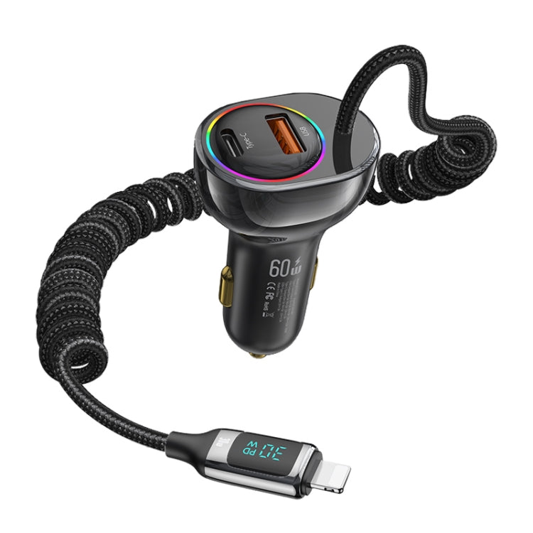 USAMS US-CC193 C37 60W Type-C+USB Dual Port Car Charger with Digital Display 30W 8 Pin Spring Data Cable(Tarnish) - Car Charger by USAMS | Online Shopping South Africa | PMC Jewellery