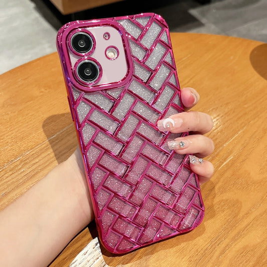 For iPhone 11 Woven Grid 3D Electroplating Laser Engraving Glitter Paper Phone Case(Rose Red) - iPhone 11 Cases by PMC Jewellery | Online Shopping South Africa | PMC Jewellery