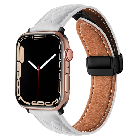 For Apple Watch 8 41mm Folding Buckle Rhombus Leather Watch Band(White) - Watch Bands by PMC Jewellery | Online Shopping South Africa | PMC Jewellery