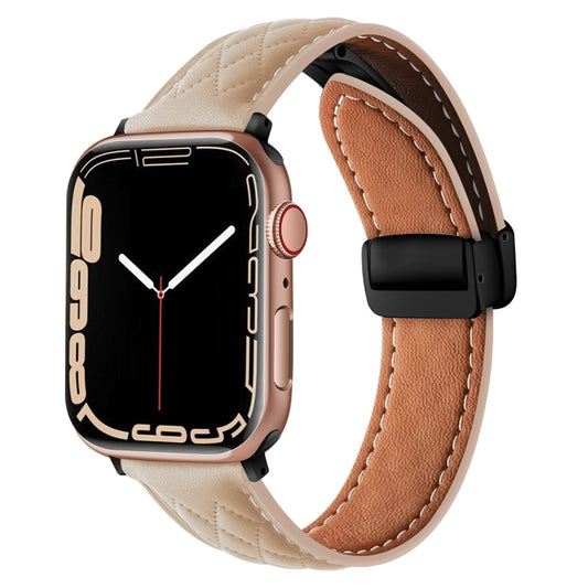 For Apple Watch 7 45mm Folding Buckle Rhombus Leather Watch Band(Apricot) - Watch Bands by PMC Jewellery | Online Shopping South Africa | PMC Jewellery