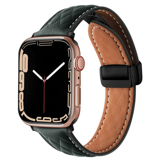 For Apple Watch SE 44mm Folding Buckle Rhombus Leather Watch Band(Green) - Watch Bands by PMC Jewellery | Online Shopping South Africa | PMC Jewellery