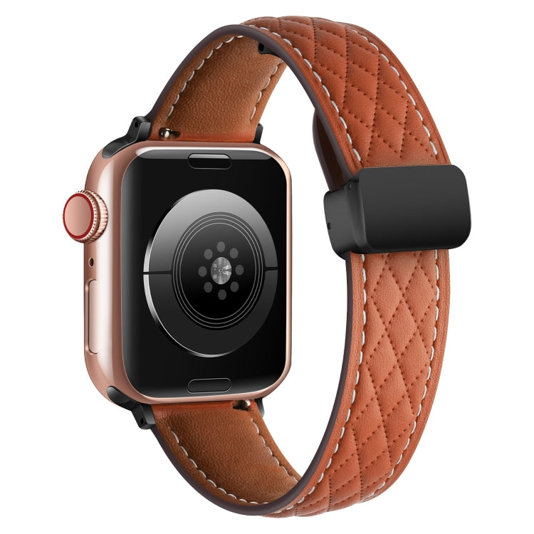 For Apple Watch SE 44mm Folding Buckle Rhombus Leather Watch Band(Brown) - Watch Bands by PMC Jewellery | Online Shopping South Africa | PMC Jewellery