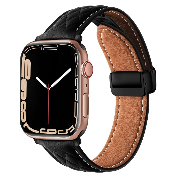 For Apple Watch 6 44mm Folding Buckle Rhombus Leather Watch Band(Black) - Watch Bands by PMC TechLife | Online Shopping South Africa | PMC TechLife