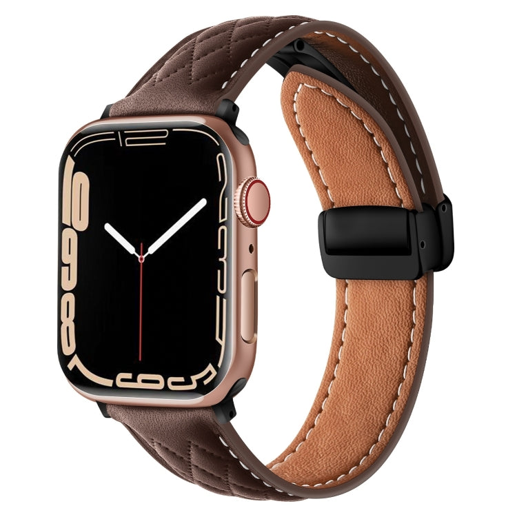 For Apple Watch 9 45mm Folding Buckle Rhombus Leather Watch Band(Coffee) - Watch Bands by PMC TechLife | Online Shopping South Africa | PMC TechLife