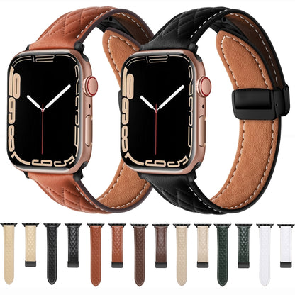 For Apple Watch 4 44mm Folding Buckle Rhombus Leather Watch Band(Brown) - Watch Bands by PMC Jewellery | Online Shopping South Africa | PMC Jewellery