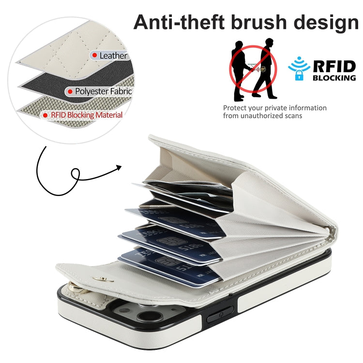 For iPhone 14 Plus Rhombic Texture Card Bag Phone Case with Long Lanyard(White) - iPhone 14 Plus Cases by PMC TechLife | Online Shopping South Africa | PMC TechLife | Buy Now Pay Later Mobicred
