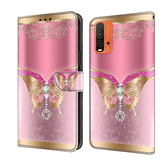 For Xiaomi Redmi 9T Crystal 3D Shockproof Protective Leather Phone Case(Pink Bottom Butterfly) - Xiaomi Cases by PMC Jewellery | Online Shopping South Africa | PMC Jewellery