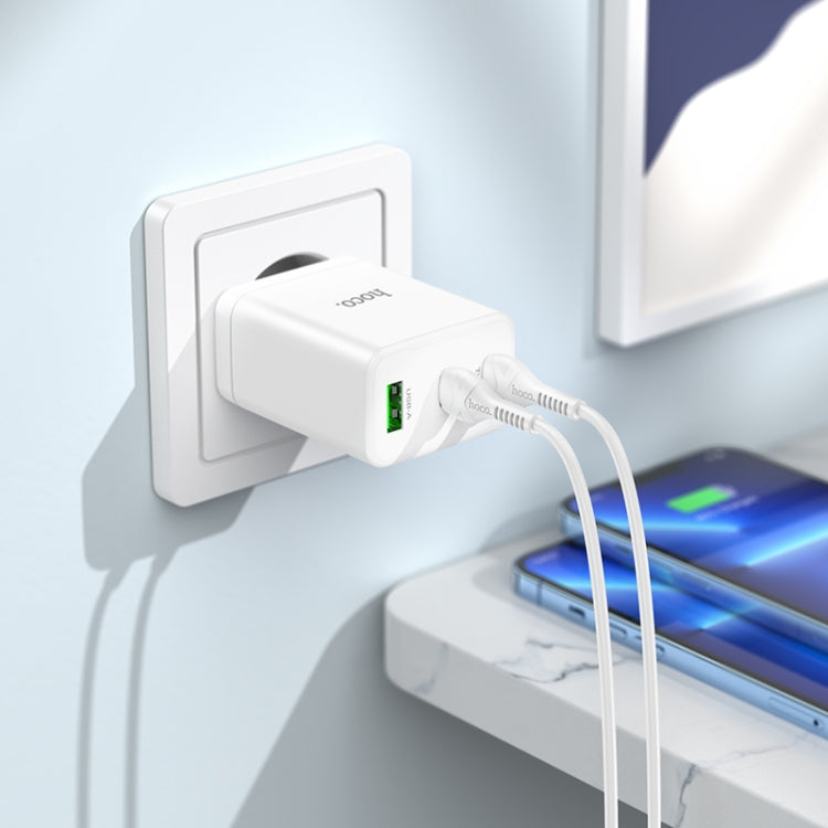 hoco N33 Start PD35W Dual Type-C + USB Charger with Type-C to 8 Pin Cable, EU Plug(White) - USB Charger by hoco | Online Shopping South Africa | PMC Jewellery