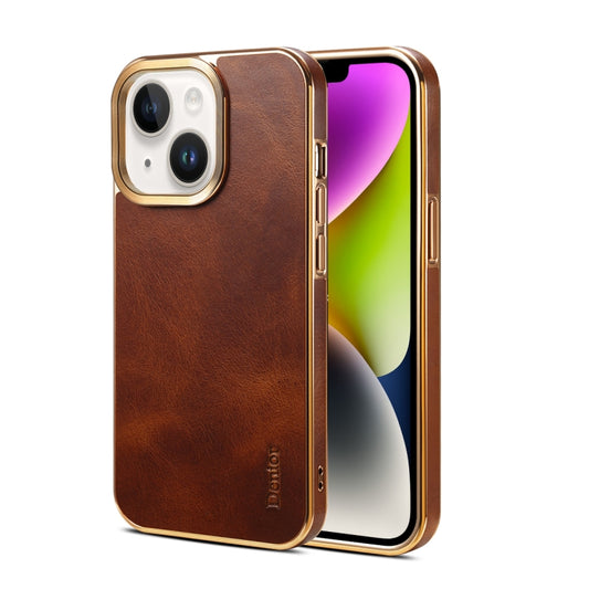 For iPhone 14 Plus Denior Oil Wax Cowhide Plating Phone Case(Brown) - iPhone 14 Plus Cases by Denior | Online Shopping South Africa | PMC Jewellery | Buy Now Pay Later Mobicred