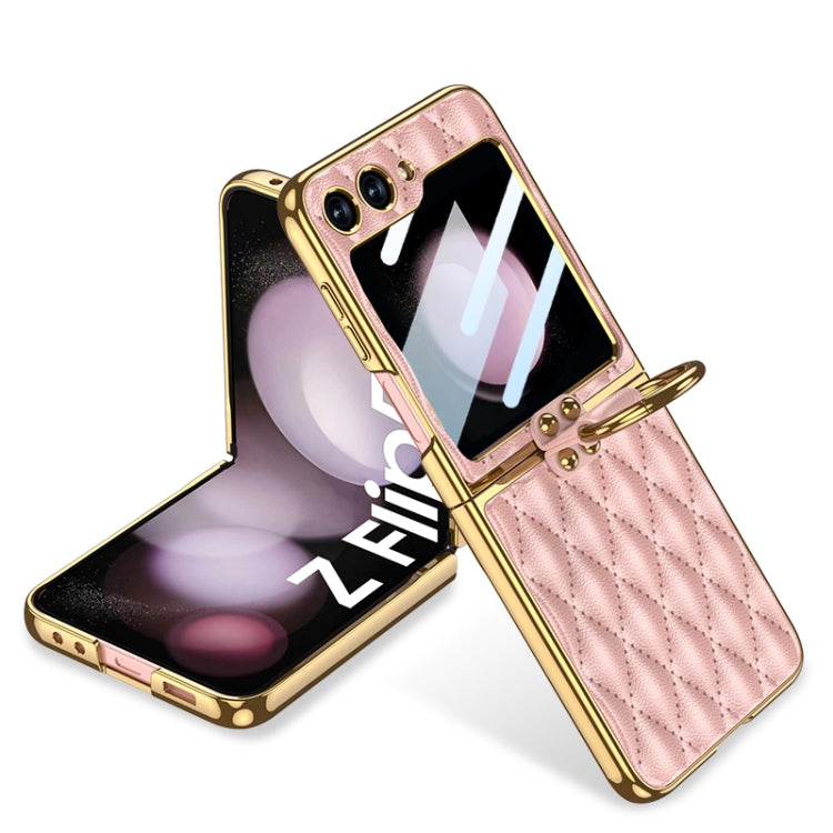 For Samsung Galaxy Z Flip5 GKK Integrated Plating Diamond Texture PU Phone Case with Ring(Pink) - Galaxy Z Flip5 Cases by GKK | Online Shopping South Africa | PMC Jewellery