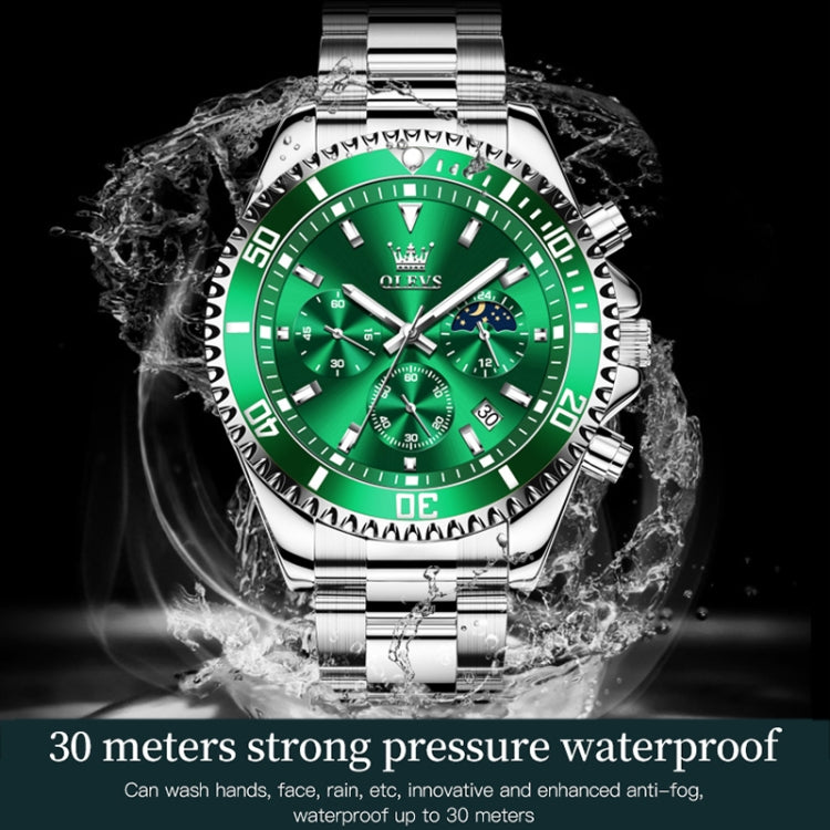 OLEVS 2870 Men Multifunctional Chronograph Three Eyes Waterproof Quartz Watch(Green + Silver) - Metal Strap Watches by OLEVS | Online Shopping South Africa | PMC Jewellery