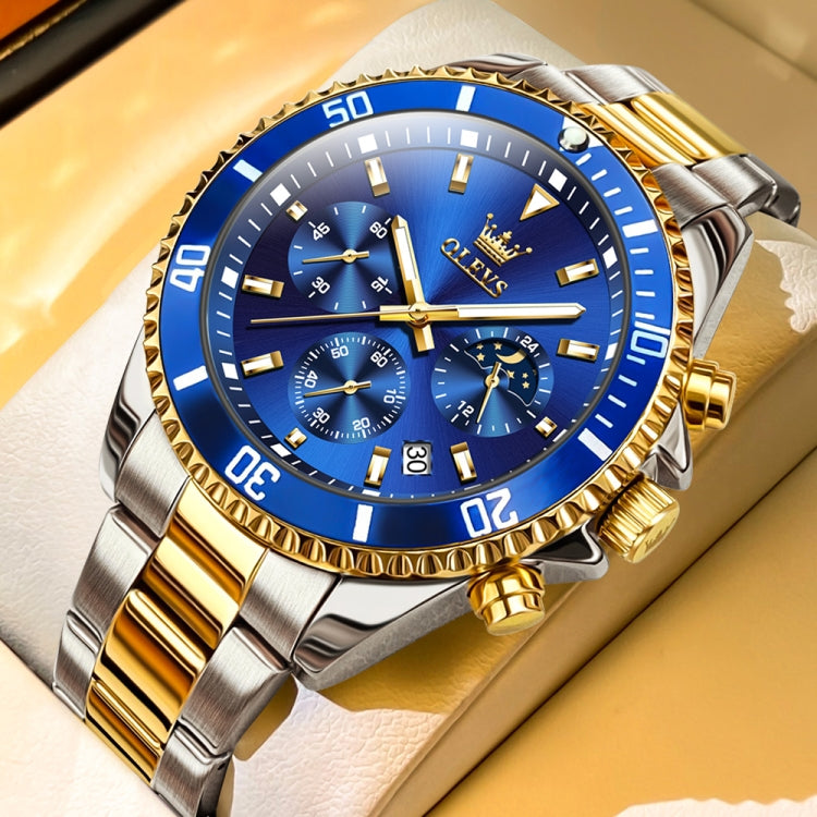 OLEVS 2870 Men Multifunctional Chronograph Three Eyes Waterproof Quartz Watch(Blue + Gold) - Metal Strap Watches by OLEVS | Online Shopping South Africa | PMC Jewellery | Buy Now Pay Later Mobicred