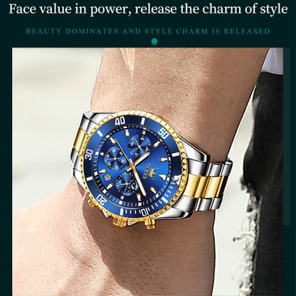 OLEVS 2870 Men Multifunctional Chronograph Three Eyes Waterproof Quartz Watch(Blue + Gold) - Metal Strap Watches by OLEVS | Online Shopping South Africa | PMC Jewellery