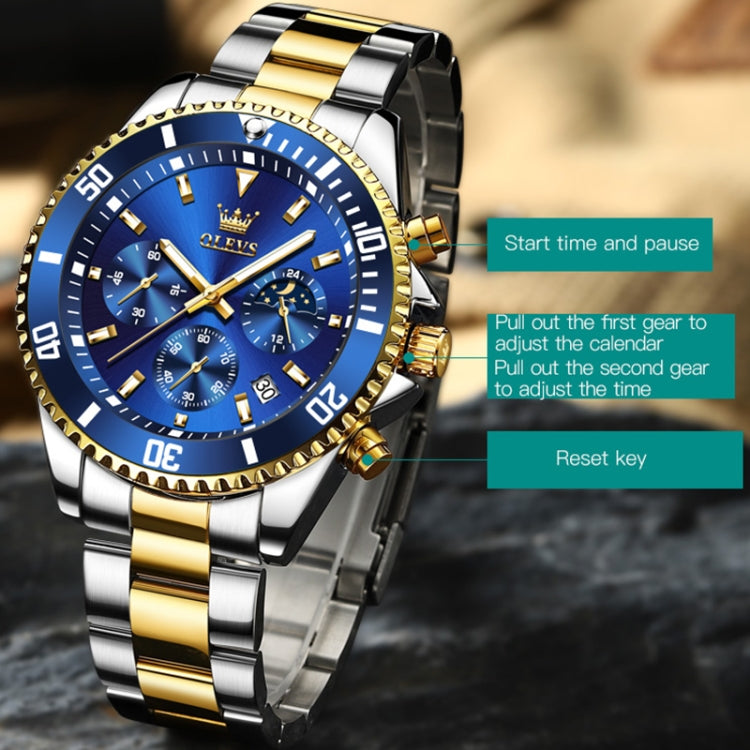 OLEVS 2870 Men Multifunctional Chronograph Three Eyes Waterproof Quartz Watch(Blue + Gold) - Metal Strap Watches by OLEVS | Online Shopping South Africa | PMC Jewellery | Buy Now Pay Later Mobicred