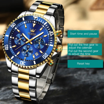 OLEVS 2870 Men Multifunctional Chronograph Three Eyes Waterproof Quartz Watch(Blue + Gold) - Metal Strap Watches by OLEVS | Online Shopping South Africa | PMC Jewellery | Buy Now Pay Later Mobicred