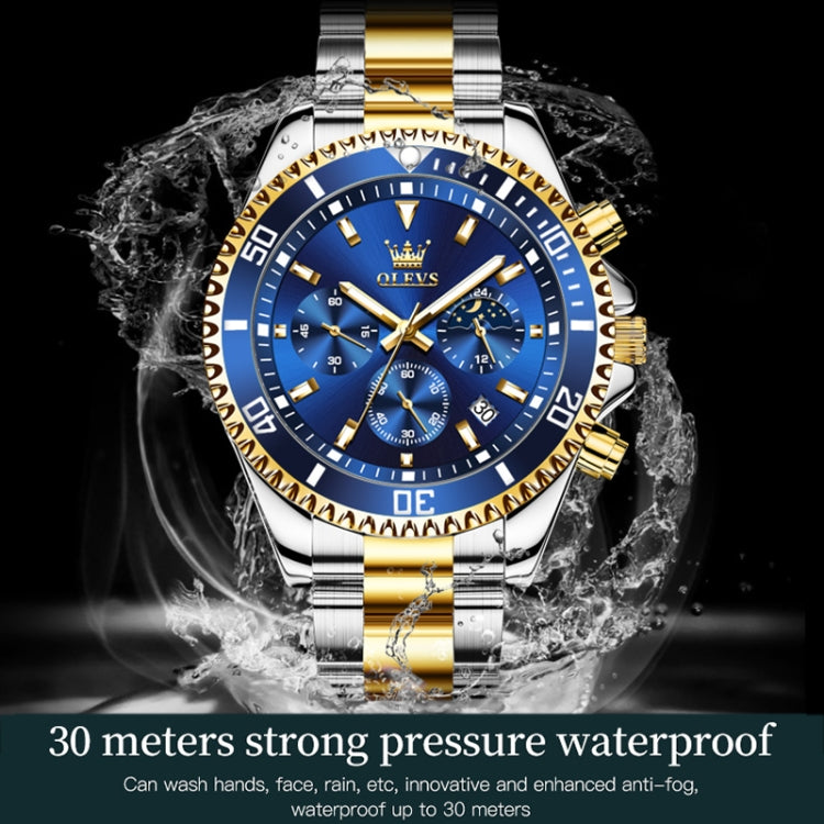 OLEVS 2870 Men Multifunctional Chronograph Three Eyes Waterproof Quartz Watch(Blue + Gold) - Metal Strap Watches by OLEVS | Online Shopping South Africa | PMC Jewellery | Buy Now Pay Later Mobicred