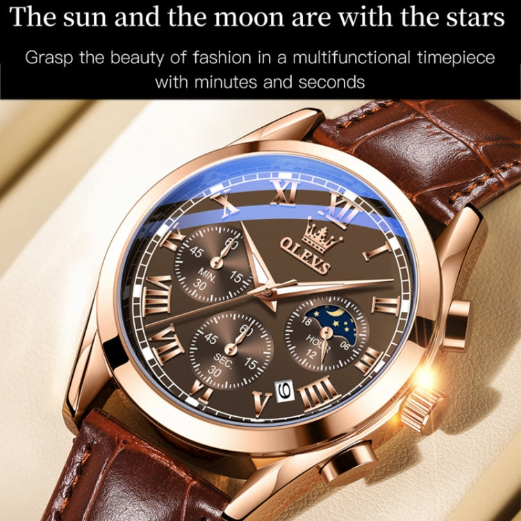 OLEVS 2871 Men Multifunctional Sports Chronograph Luminous Quartz Watch(Black + Rose Gold) - Leather Strap Watches by OLEVS | Online Shopping South Africa | PMC Jewellery | Buy Now Pay Later Mobicred