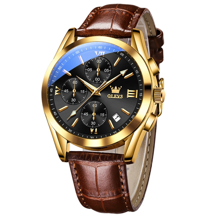 OLEVS 2872 Men Three Eyes Six Needles Chronograph Waterproof Quartz Watch(Black + Gold) - Leather Strap Watches by OLEVS | Online Shopping South Africa | PMC Jewellery