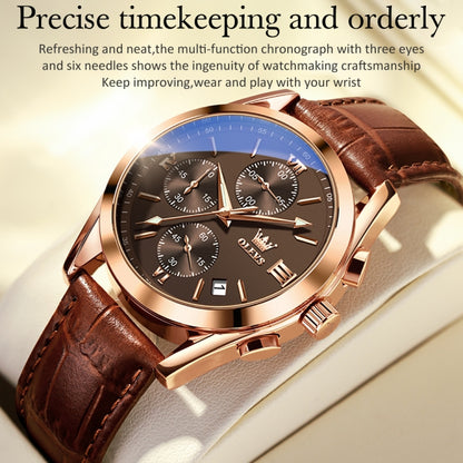 OLEVS 2872 Men Three Eyes Six Needles Chronograph Waterproof Quartz Watch(Coffee + Rose Gold) - Leather Strap Watches by OLEVS | Online Shopping South Africa | PMC Jewellery