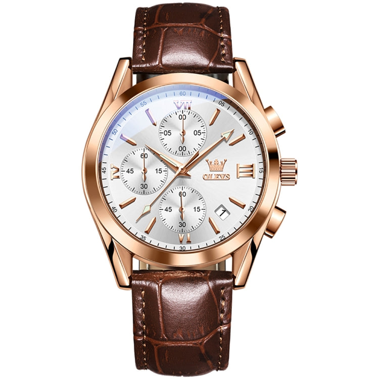 OLEVS 2872 Men Three Eyes Six Needles Chronograph Waterproof Quartz Watch(White + Rose Gold) - Leather Strap Watches by OLEVS | Online Shopping South Africa | PMC Jewellery | Buy Now Pay Later Mobicred