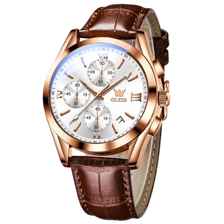 OLEVS 2872 Men Three Eyes Six Needles Chronograph Waterproof Quartz Watch(White + Rose Gold) - Leather Strap Watches by OLEVS | Online Shopping South Africa | PMC Jewellery | Buy Now Pay Later Mobicred