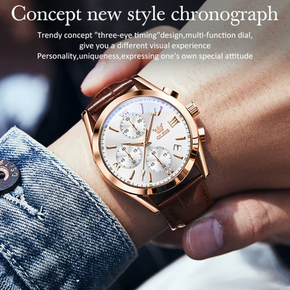 OLEVS 2872 Men Three Eyes Six Needles Chronograph Waterproof Quartz Watch(White + Rose Gold) - Leather Strap Watches by OLEVS | Online Shopping South Africa | PMC Jewellery | Buy Now Pay Later Mobicred