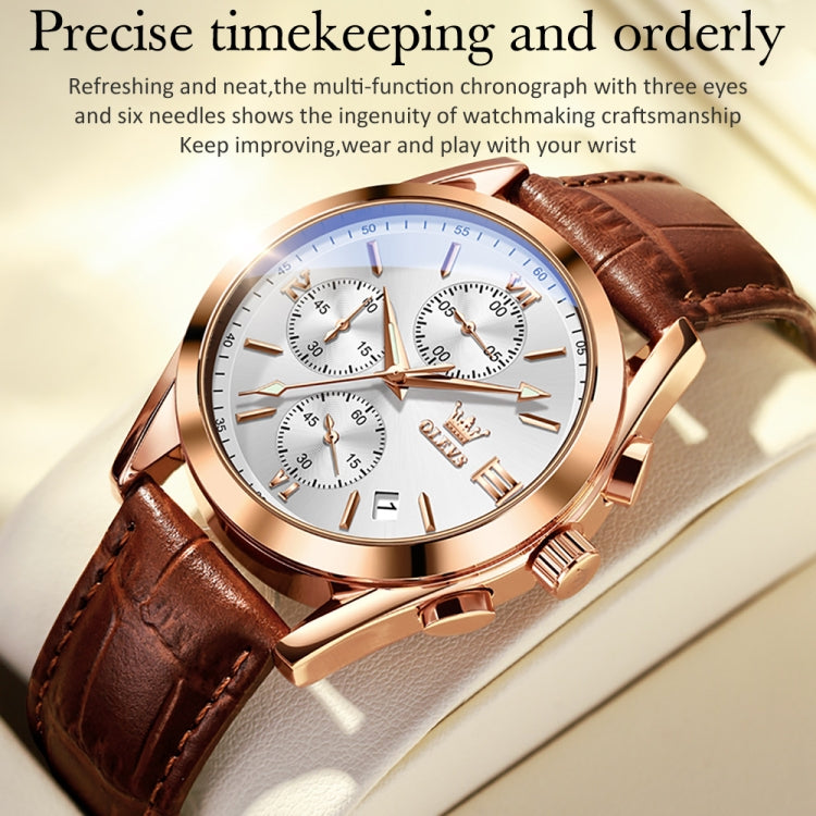 OLEVS 2872 Men Three Eyes Six Needles Chronograph Waterproof Quartz Watch(White + Rose Gold) - Leather Strap Watches by OLEVS | Online Shopping South Africa | PMC Jewellery | Buy Now Pay Later Mobicred