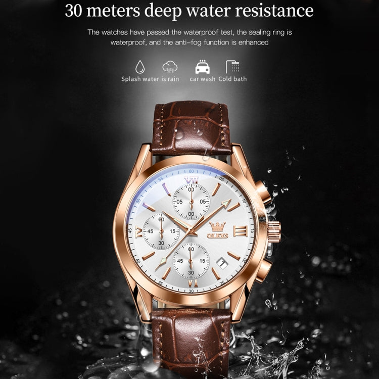 OLEVS 2872 Men Three Eyes Six Needles Chronograph Waterproof Quartz Watch(White + Rose Gold) - Leather Strap Watches by OLEVS | Online Shopping South Africa | PMC Jewellery | Buy Now Pay Later Mobicred