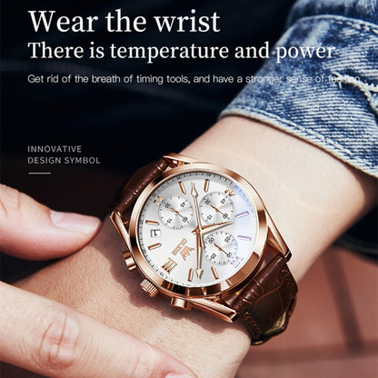 OLEVS 2872 Men Three Eyes Six Needles Chronograph Waterproof Quartz Watch(White + Rose Gold) - Leather Strap Watches by OLEVS | Online Shopping South Africa | PMC Jewellery | Buy Now Pay Later Mobicred