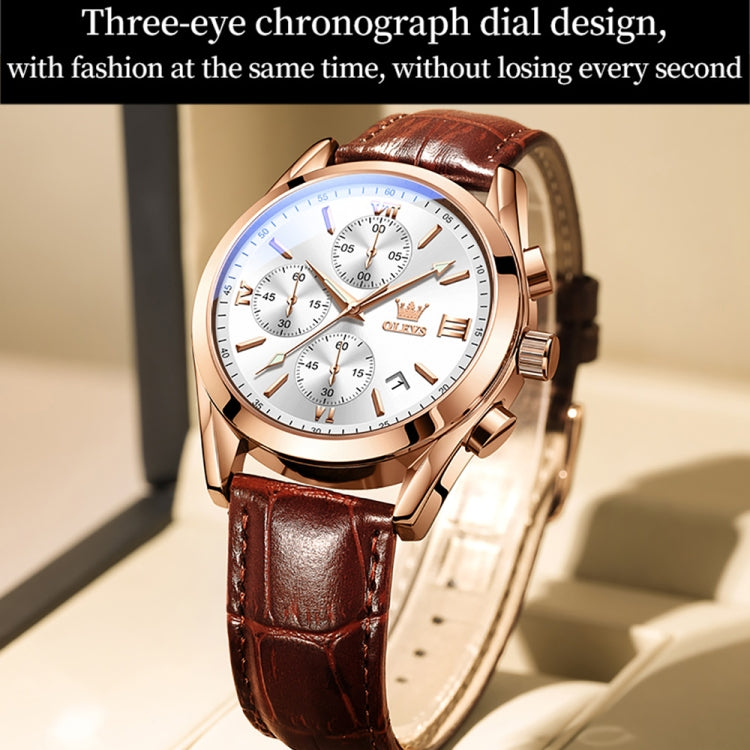 OLEVS 2872 Men Three Eyes Six Needles Chronograph Waterproof Quartz Watch(White + Rose Gold) - Leather Strap Watches by OLEVS | Online Shopping South Africa | PMC Jewellery | Buy Now Pay Later Mobicred