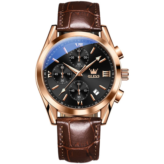 OLEVS 2872 Men Three Eyes Six Needles Chronograph Waterproof Quartz Watch(Black + Rose Gold) - Leather Strap Watches by OLEVS | Online Shopping South Africa | PMC Jewellery | Buy Now Pay Later Mobicred