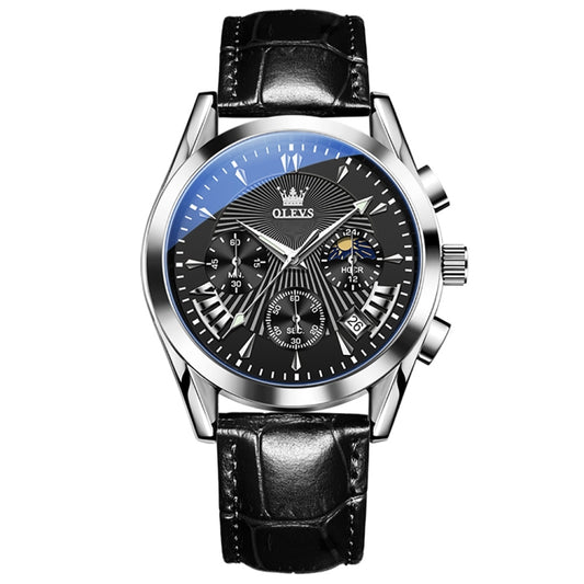 OLEVS 2876 Men Multifunctional Sports Chronograph Quartz Watch(Black) - Leather Strap Watches by OLEVS | Online Shopping South Africa | PMC Jewellery | Buy Now Pay Later Mobicred