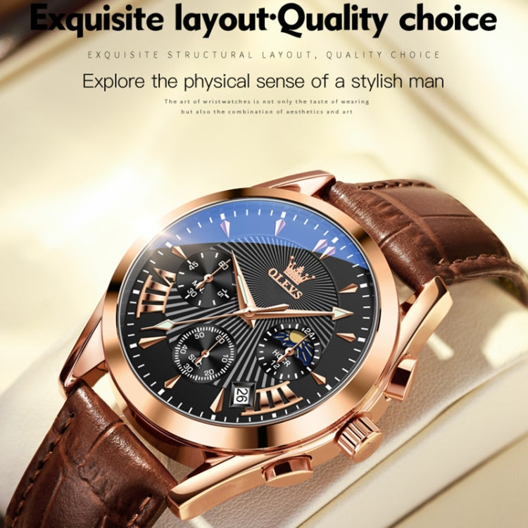 OLEVS 2876 Men Multifunctional Sports Chronograph Quartz Watch(Black + Rose Gold) - Leather Strap Watches by OLEVS | Online Shopping South Africa | PMC Jewellery | Buy Now Pay Later Mobicred