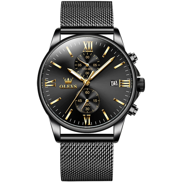 OLEVS 2886 Men Sports Chronograph Waterproof Luminous Quartz Watch(Black Gold Mesh Strip) - Metal Strap Watches by OLEVS | Online Shopping South Africa | PMC Jewellery | Buy Now Pay Later Mobicred