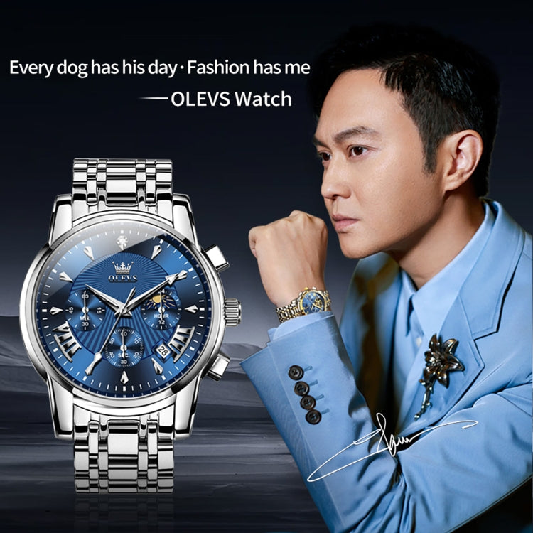 OLEVS 2892 Men Multifunctional Business Waterproof Quartz Watch(Blue + Silver) - Metal Strap Watches by OLEVS | Online Shopping South Africa | PMC Jewellery | Buy Now Pay Later Mobicred