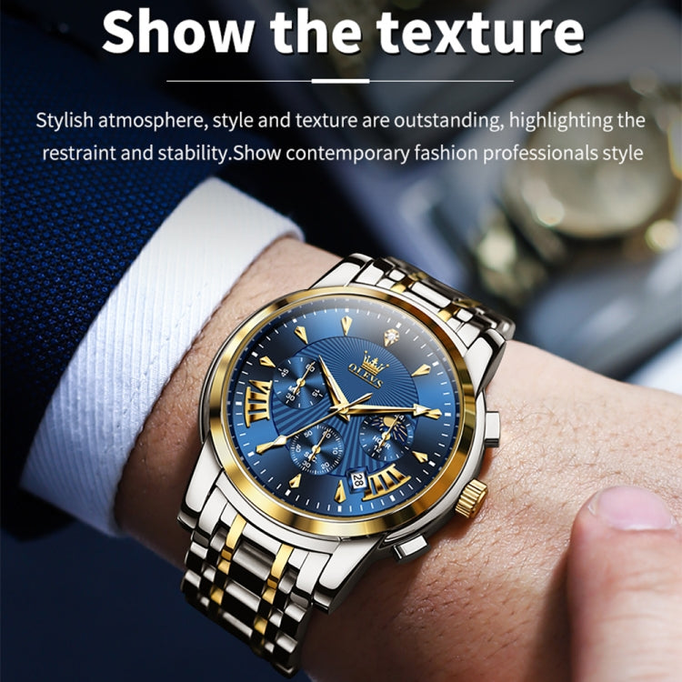 OLEVS 2892 Men Multifunctional Business Waterproof Quartz Watch(Blue + Gold) - Metal Strap Watches by OLEVS | Online Shopping South Africa | PMC Jewellery | Buy Now Pay Later Mobicred