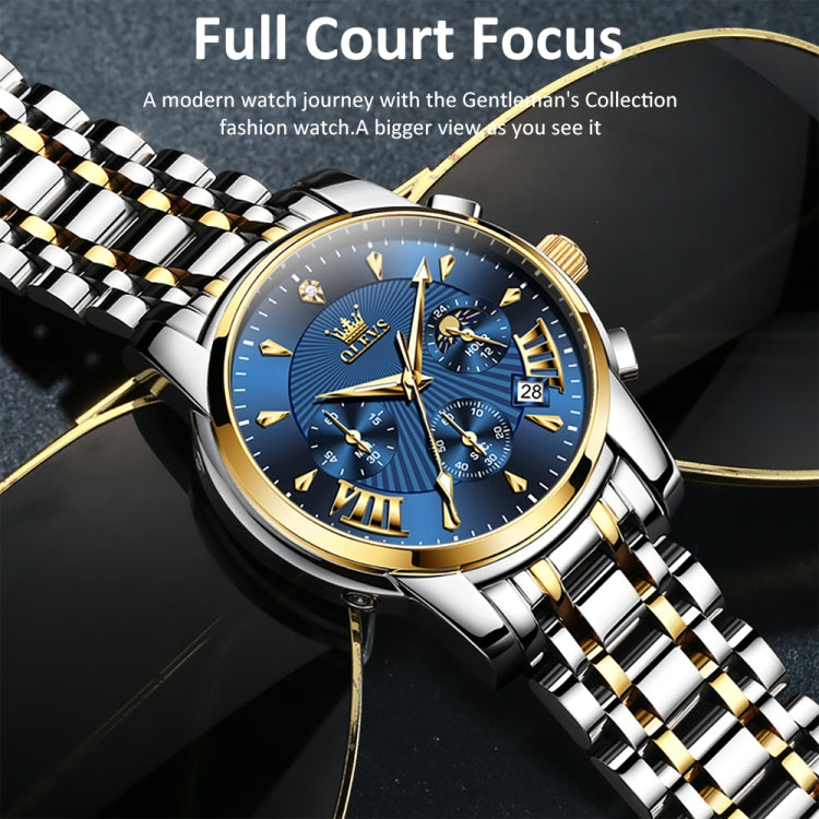 OLEVS 2892 Men Multifunctional Business Waterproof Quartz Watch(Blue + Gold) - Metal Strap Watches by OLEVS | Online Shopping South Africa | PMC Jewellery | Buy Now Pay Later Mobicred