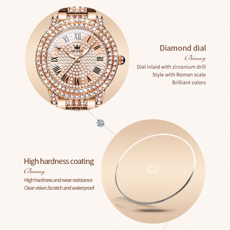 OLEVS 9943 Women Diamond Waterproof Quartz Watch(Rose Gold Diamond Face) - Metal Strap Watches by OLEVS | Online Shopping South Africa | PMC Jewellery | Buy Now Pay Later Mobicred