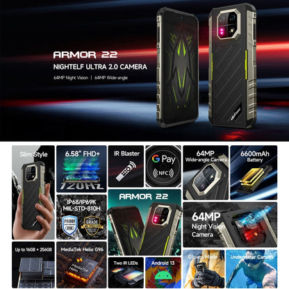 Ulefone Armor 22, 8GB+256GB, IP68/IP69K Rugged Phone, 6.58 inch Android 13 MediaTek Helio G96 Octa Core, Network: 4G, NFC, OTG(All Black) - Ulefone by Ulefone | Online Shopping South Africa | PMC Jewellery | Buy Now Pay Later Mobicred