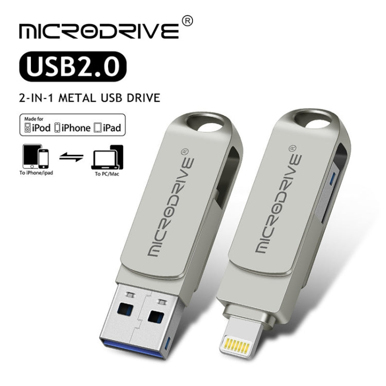 MicroDrive 2 In 1  8 Pin + USB 2.0 Portable Metal USB Flash Disk, Capacity:128GB(Silver) - USB Flash Drives by MICRODRIVE | Online Shopping South Africa | PMC Jewellery | Buy Now Pay Later Mobicred