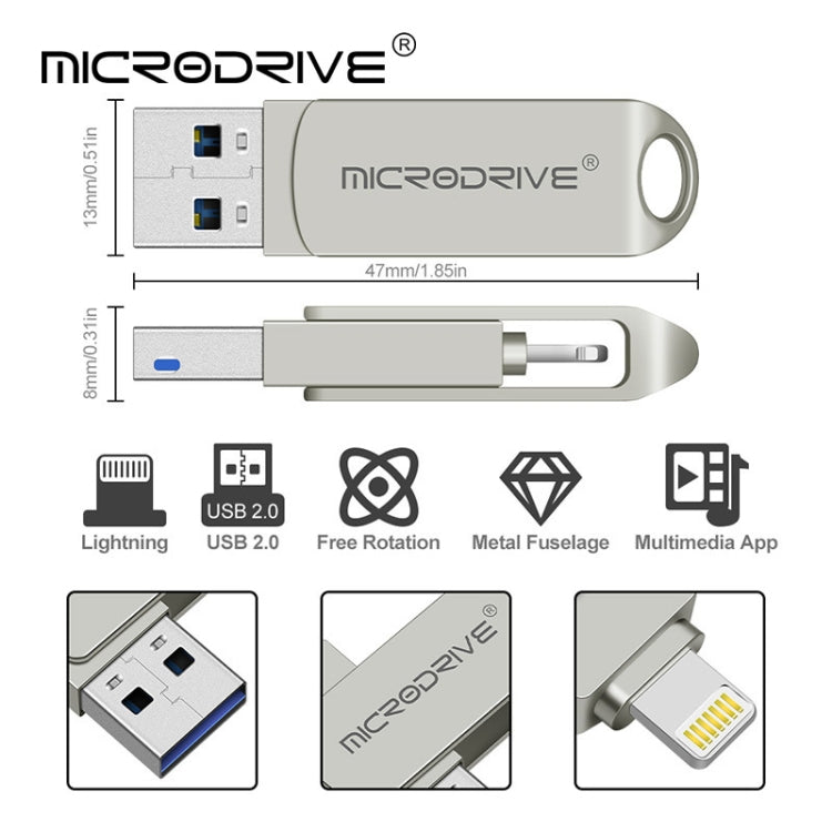 MicroDrive 2 In 1  8 Pin + USB 2.0 Portable Metal USB Flash Disk, Capacity:128GB(Silver) - USB Flash Drives by MICRODRIVE | Online Shopping South Africa | PMC Jewellery | Buy Now Pay Later Mobicred