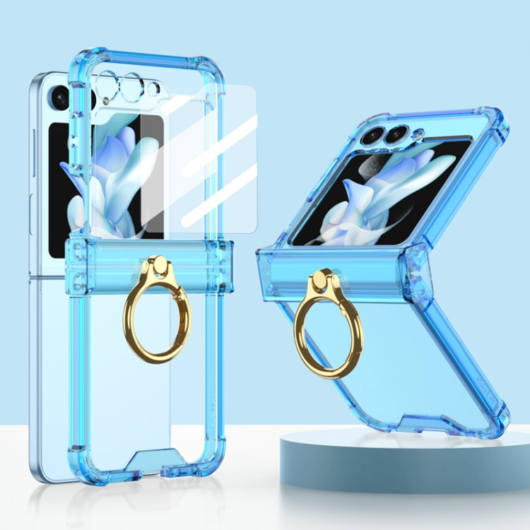 For Samsung Galaxy Z Flip5 Gkk Airbag Hinge Silicone Phone Case with Ring Holder & Tempered Film(Transparent Blue) - Galaxy Z Flip5 Cases by GKK | Online Shopping South Africa | PMC Jewellery