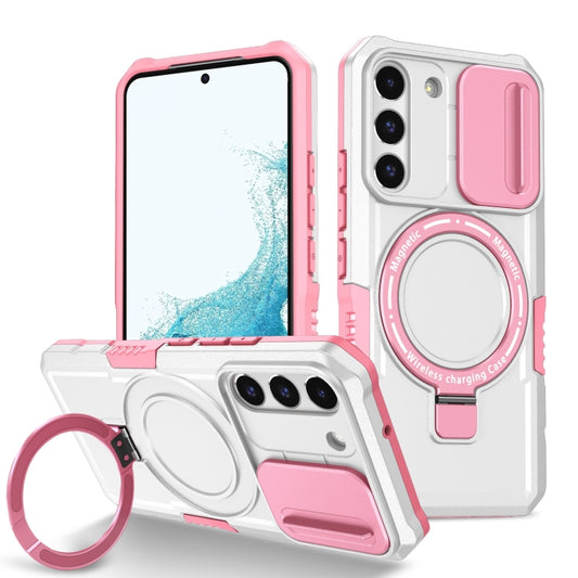 For Samsung Galaxy S22 5G Sliding Camshield Magsafe Holder TPU Hybrid PC Phone Case(Pink White) - Galaxy Phone Cases by PMC Jewellery | Online Shopping South Africa | PMC Jewellery