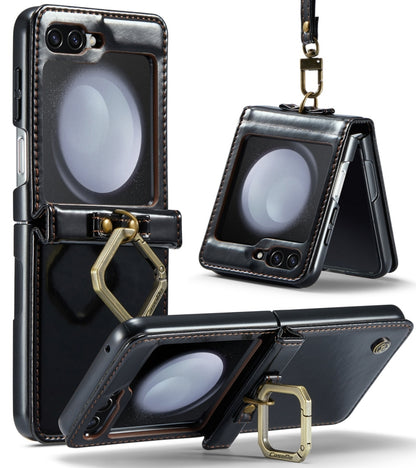 For Samsung Galaxy Z Flip5 CaseMe 003 PU + PC Business Style Crazy Horse Texture Ring Leather Phone Case with Lanyard(Black) - Galaxy Z Flip5 Cases by CaseMe | Online Shopping South Africa | PMC Jewellery | Buy Now Pay Later Mobicred